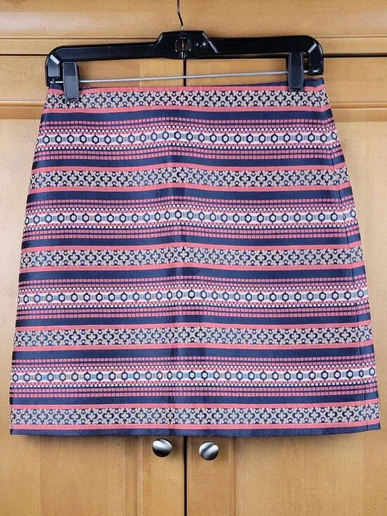 LOFT Coral Navy Gold Tan Aztec Stripe Cotton Blend A-line Mini Skirt - 2P - Picture 2 of 9